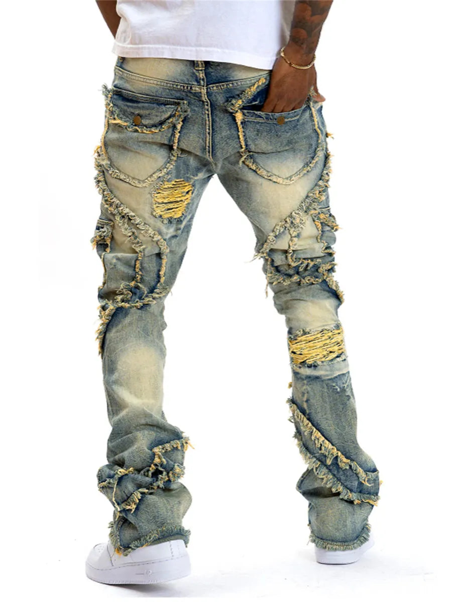 Men's Spring Autumn Casual Denim Pants Ripped Multi Pockets Slim Fit Jeans Trousers for Streetwear Punk Trendy Fashion Retro