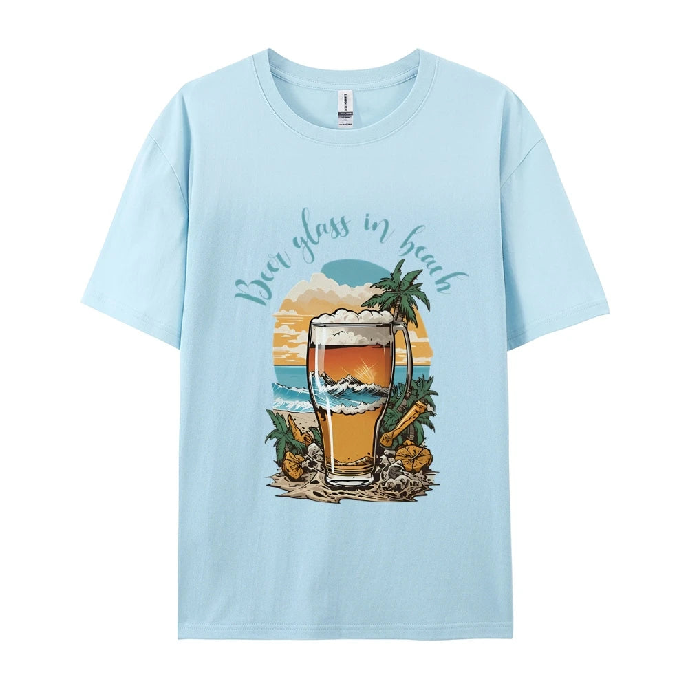 Beer Glass In Beach Women’s Graphic Tee Summer Vacation T-Shirt Beers Lover Shirt Oktoberfest Tshirts Women’s Clothes Top Tees