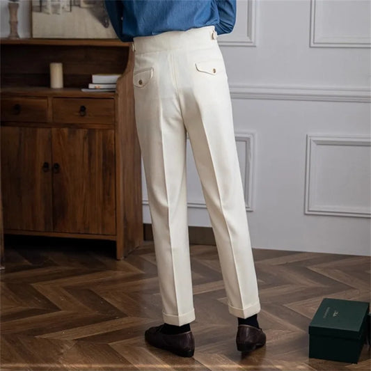 Men Solid Color Suit Trousers Spring Trendy Belt High Waist Pants Male Business Office Fashion Pleated Straight Pants Streetwear