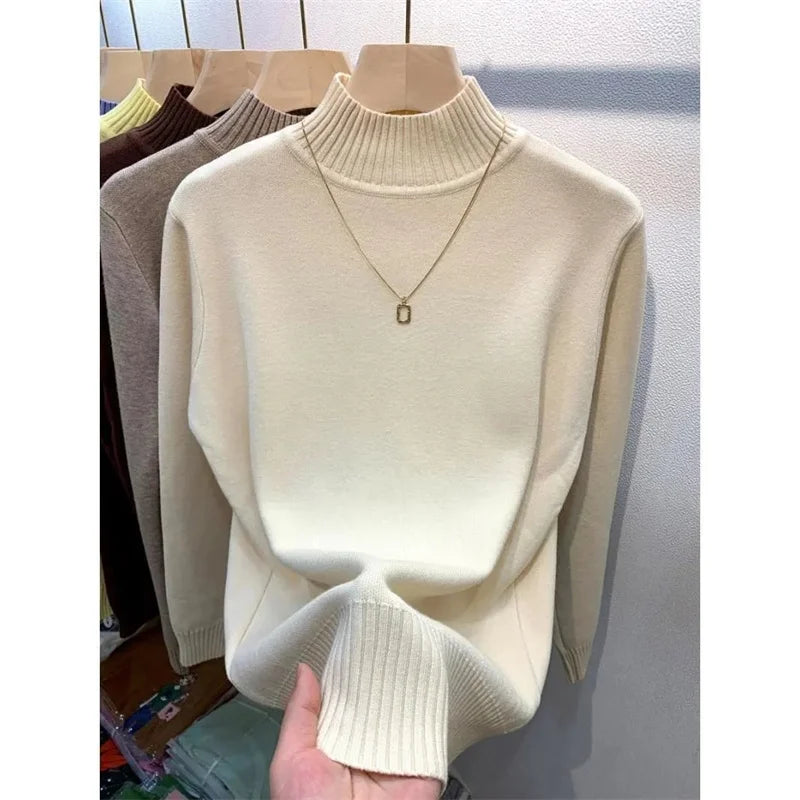 2024 Autumn Women Pullover Sweater Fashion Half Turtleneck Knitted Female Jumper Long Sleeve Winter Black Soft Elastic Blouse