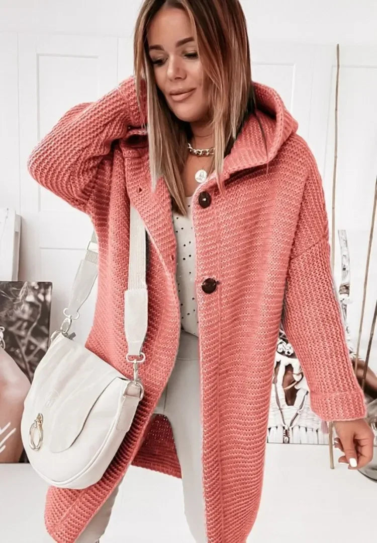 Solid Hooded Long Cardigan for Women Autumn Fashion Casual Loose Button Knitted Sweater Coat Daily Basic Cardigan New Outerwear