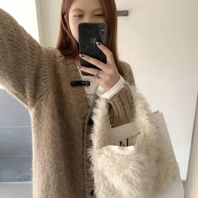 Design Sense Retro Lazy Style V-neck Sweater Jacket for Women Loose Medium and Long Soft and Sticky Knitted Cardigan