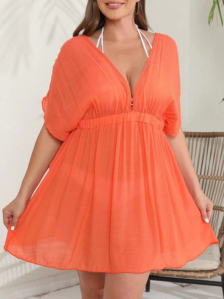 GIBSIE Plus Size Deep V Neck Tie Backless Beach Dress Women Swimsuit Cover-Ups Beachwear Sexy See Through Tunic Bikini Cover Up