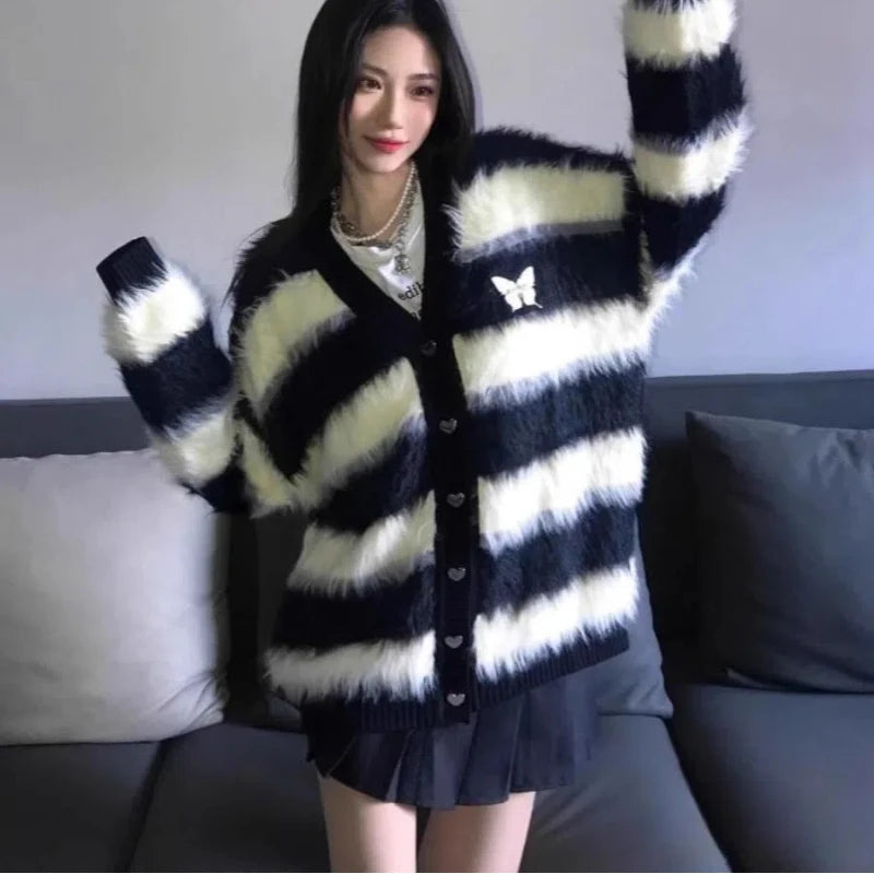 Mink Fleece Cardigan Sweater Jacket for Women with a Black and White Striped Soft and Lazy Knit Top