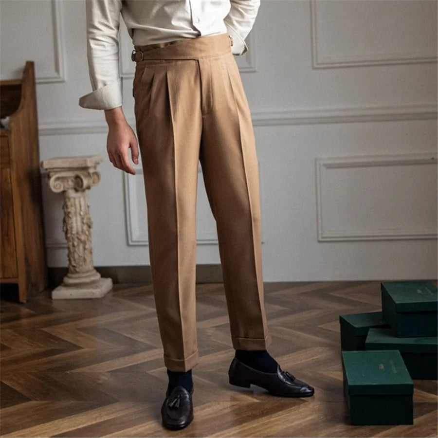 Men Solid Color Suit Trousers Spring Trendy Belt High Waist Pants Male Business Office Fashion Pleated Straight Pants Streetwear