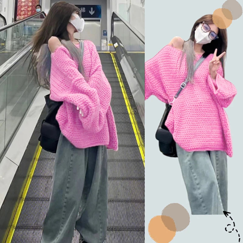 Autumn Women Sweater Korean Style Knitwear Loose Cardigan Off Shoulders Long Sleeve Knitted Sweater