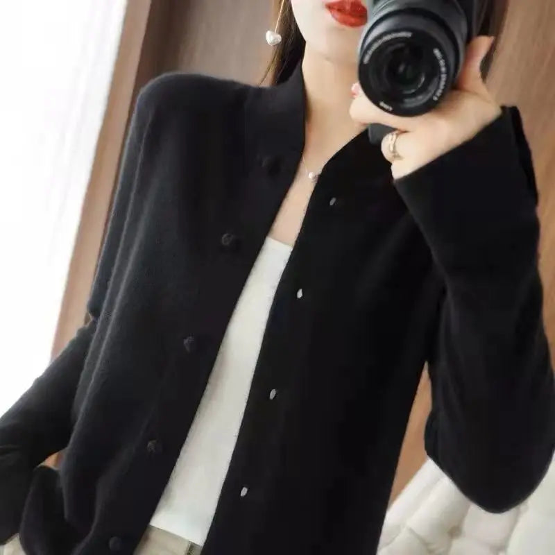 New Retro Chinese Style Stand Up Collar Cardigan Loose Sweater Fashionable Knitted Jacket Trendy Top