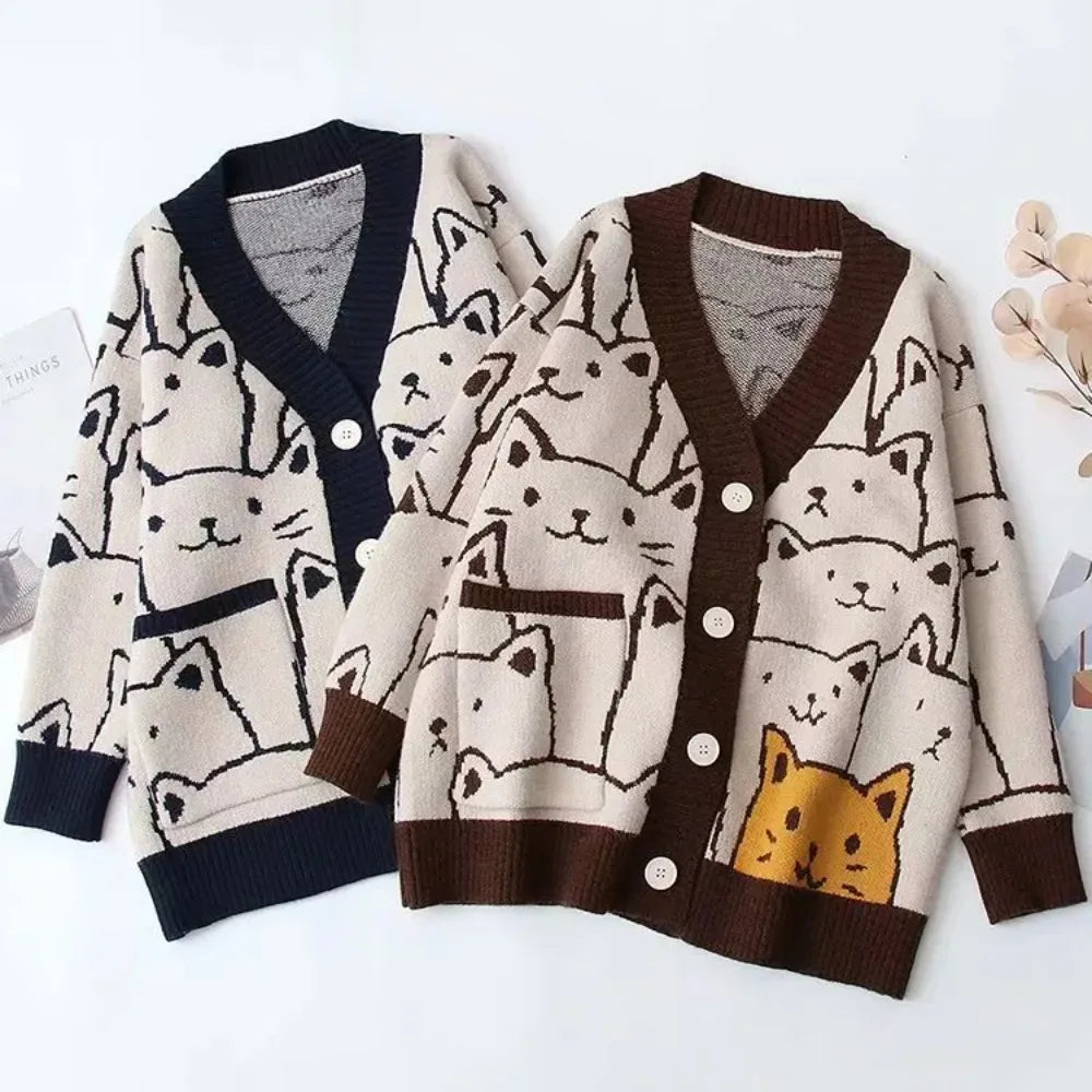 Merry Pretty Cartoon Cat knitted cardigans Jumper Autumn Winter Womens Harajuku Sweater coat O-Neck Long Sleeve cardigan 2024