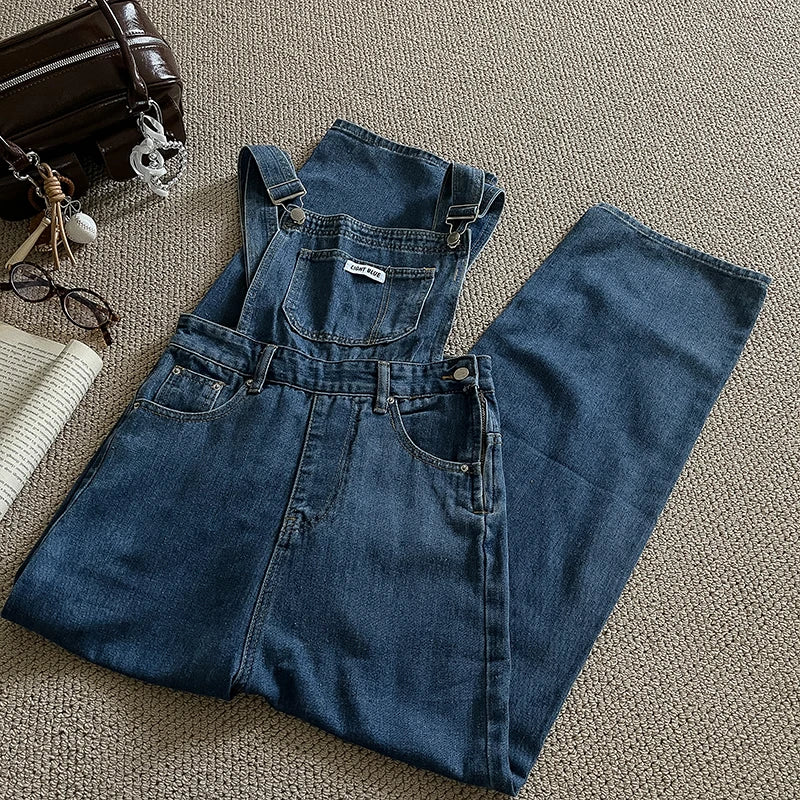 Women's Denim Overalls Korean Style Vintage Spaghetti Strap Ankle-Length High Waist Straight Jumpsuits Spring Autumn Long Pants