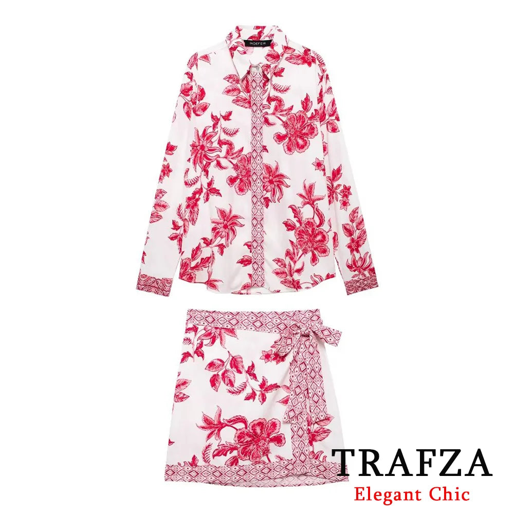 TRAFZA Romantic Chic Short Skirt Shirts Set Women's Flower Print Shirts+Mini Skirt New 2025 Summer OOTD Holiday Beach Set