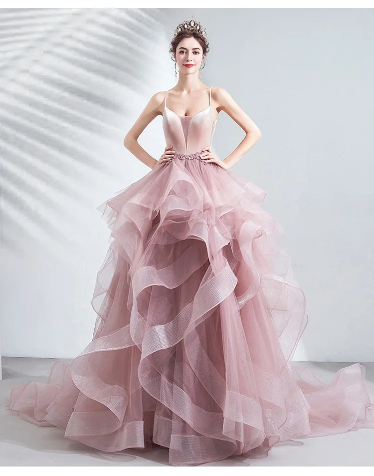 Unique  Pink Wedding dress  Puffy A Line Quinceanera Dresses V Neck Appliques Spaghetti Strap Tiered Ruffles Prom Gown  graduati