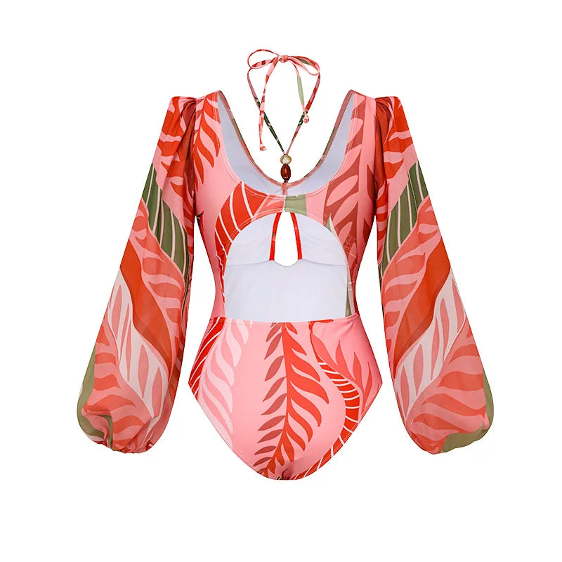 Sexy One Piece Women Long Sleeve Swimwear with Skirt Hollow Out Swimsuit Ruffle Bikinis Luxury Monokini Beach Wear Bathing Suit