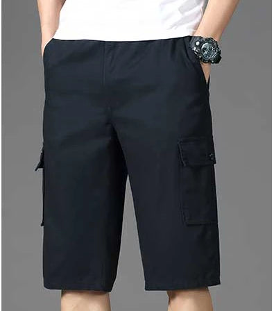 Mens Cotton Cargo Shorts Below Knee Lenth Summer Elastic Waist Sweatpants Hiking Running Bermuda Shorts Gym Below Knee Shorts