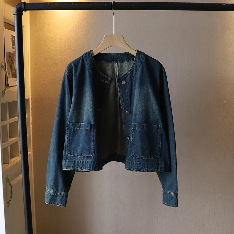 2023 Fashion O-neck Denim Jacket Women Short Coat Spring Autumn Single-breasted Pocket Loose Tops Female Casual Jean Outerwear