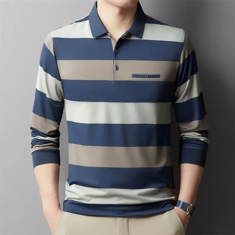 Fashion Male Clothes Polo-Neck Striped Shirt 2023 Spring Autumn New Button Spliced Casual All-match Long Sleeve T-shirt for Men