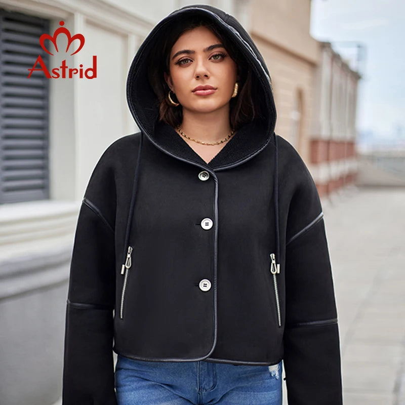 Astrid Autumn Women's Jacket Double-Faced Fur Spliced Design Hooded Warm Coats Lady Demi-Season Parkas Plus Size Outwears 30200