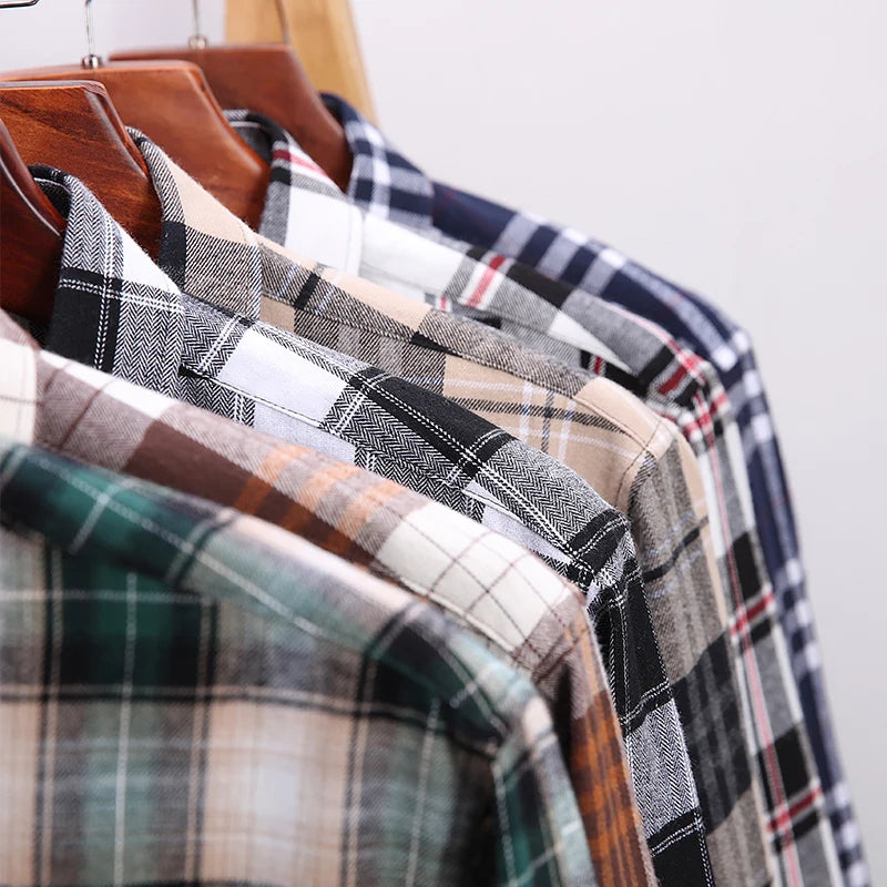 Size 11XL 10XL 9XL Fashion Flannel Plaid Shirts For Men‘s Long Sleeve Cotton Casual Blouse Soft Standard-Fit Shirt Male Clothing