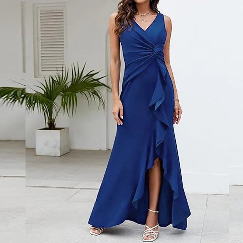 Elegant V-Neck Party Maxi Dress Women Fashion Sleeveless Ruffle Split Gown Prom Dress Ladies Slim Fit Tie Up Bodycon Gala Dress