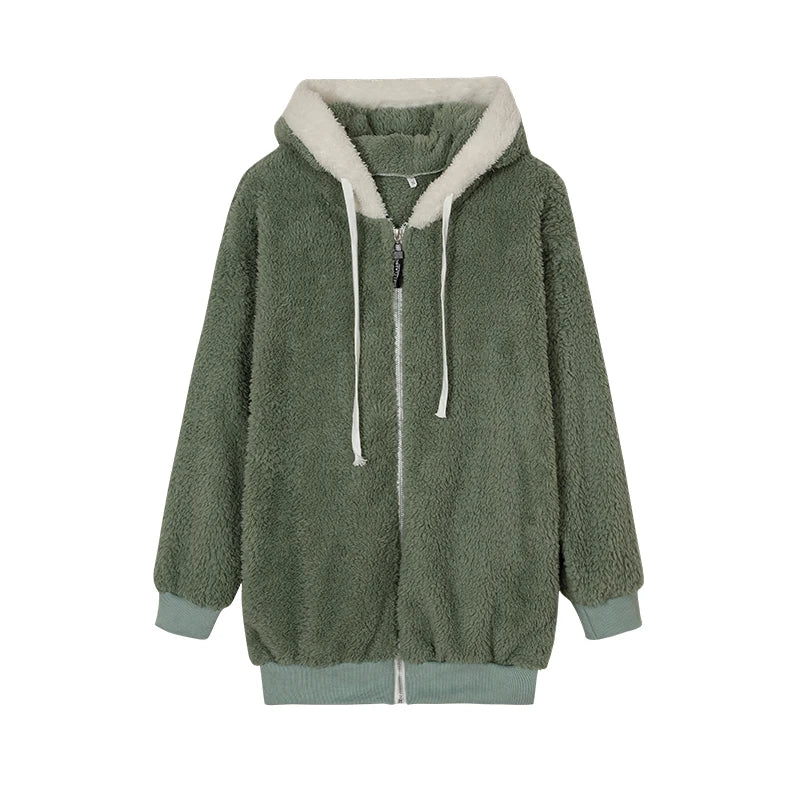 New Style Autumn And Winter Loose Plush Zipper Hooded Jacket Woman