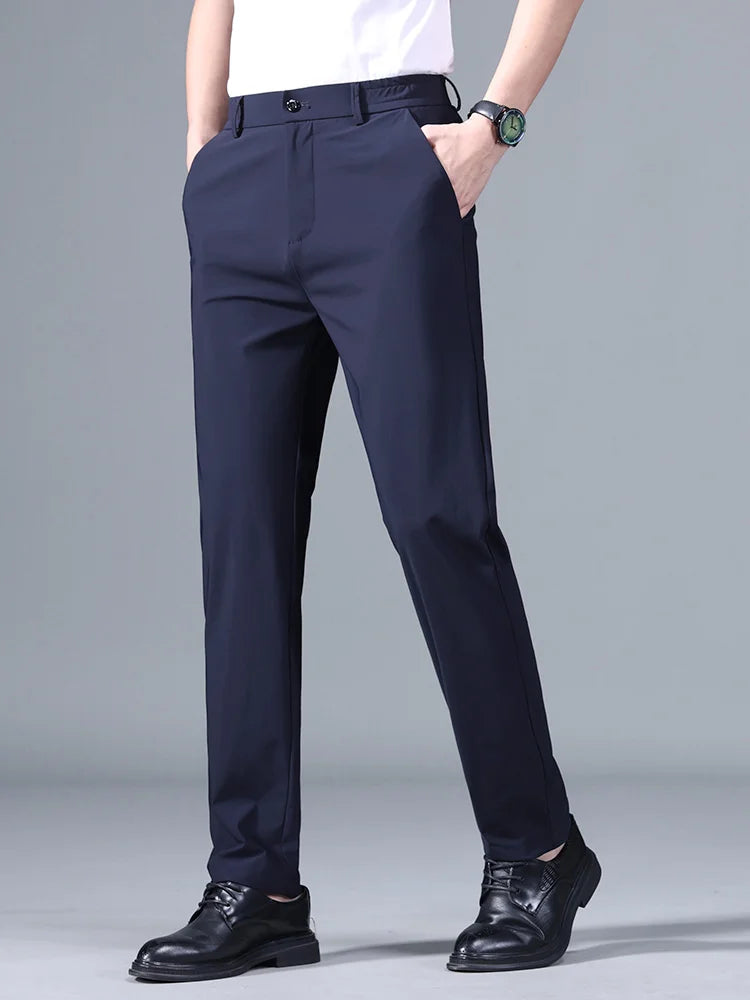 Summer Good Stretch Smooth Trousers Men Business Elastic Waist Korean Classic Thin Black Gray Blue Casual Suit Pants Male Brand