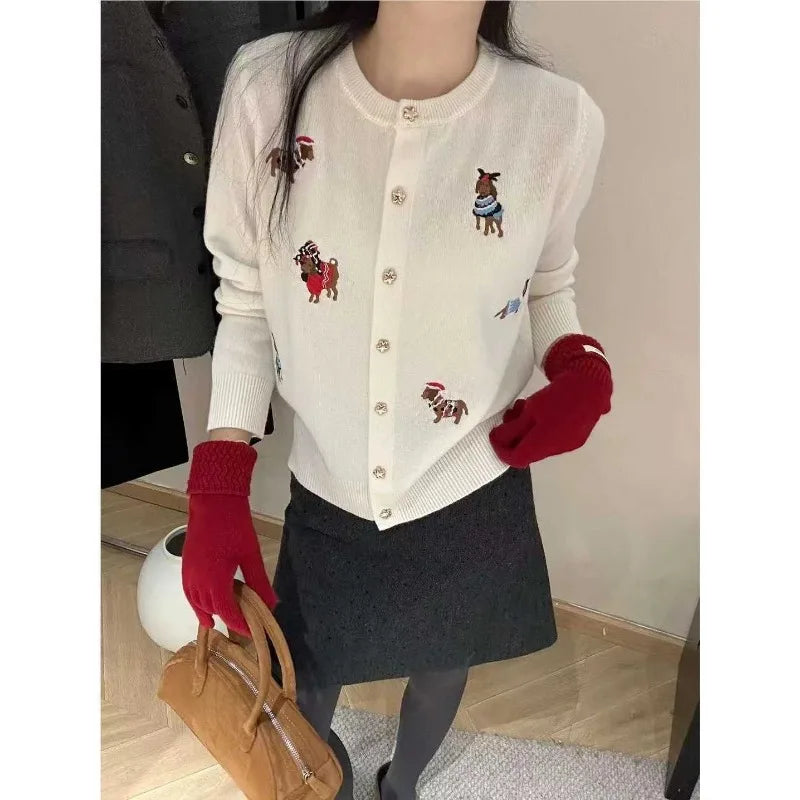 Women's Trendy Sweet Chic Cute Cartoon Embroidery Single Breasted Cardigan Spring Casual O Neck Long Sleeve Knitted Sweater Coat