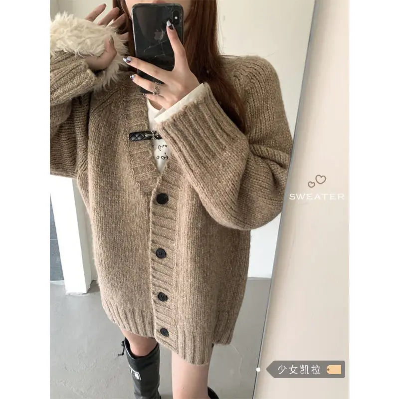 Design Sense Retro Lazy Style V-neck Sweater Jacket for Women Loose Medium and Long Soft and Sticky Knitted Cardigan