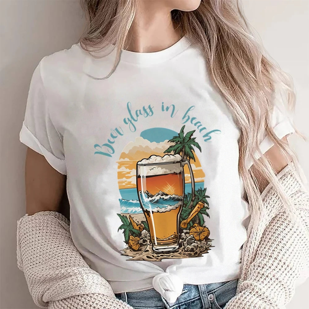 Beer Glass In Beach Women’s Graphic Tee Summer Vacation T-Shirt Beers Lover Shirt Oktoberfest Tshirts Women’s Clothes Top Tees