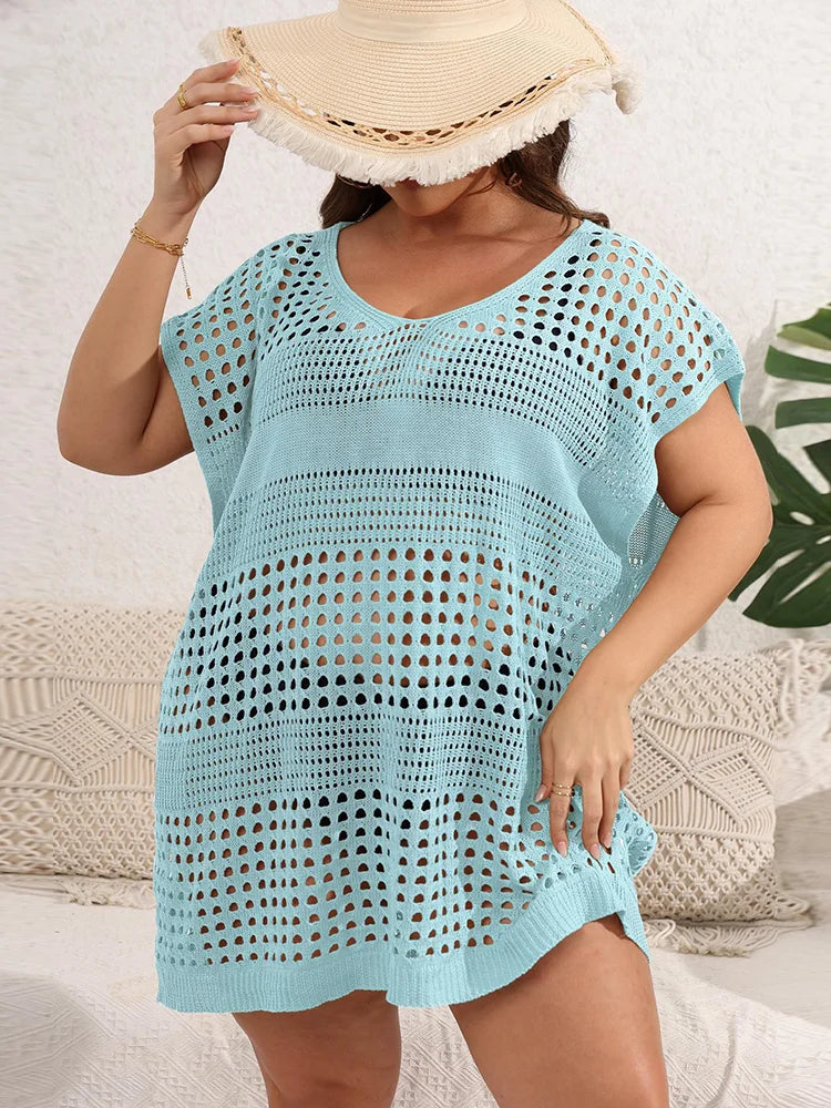 GIBSIE Plus Size Women Beach Dress Sexy Hollow Out Knit Bikini Cover Up Female Loose Tunic Beachwear Swimwear Cover-ups