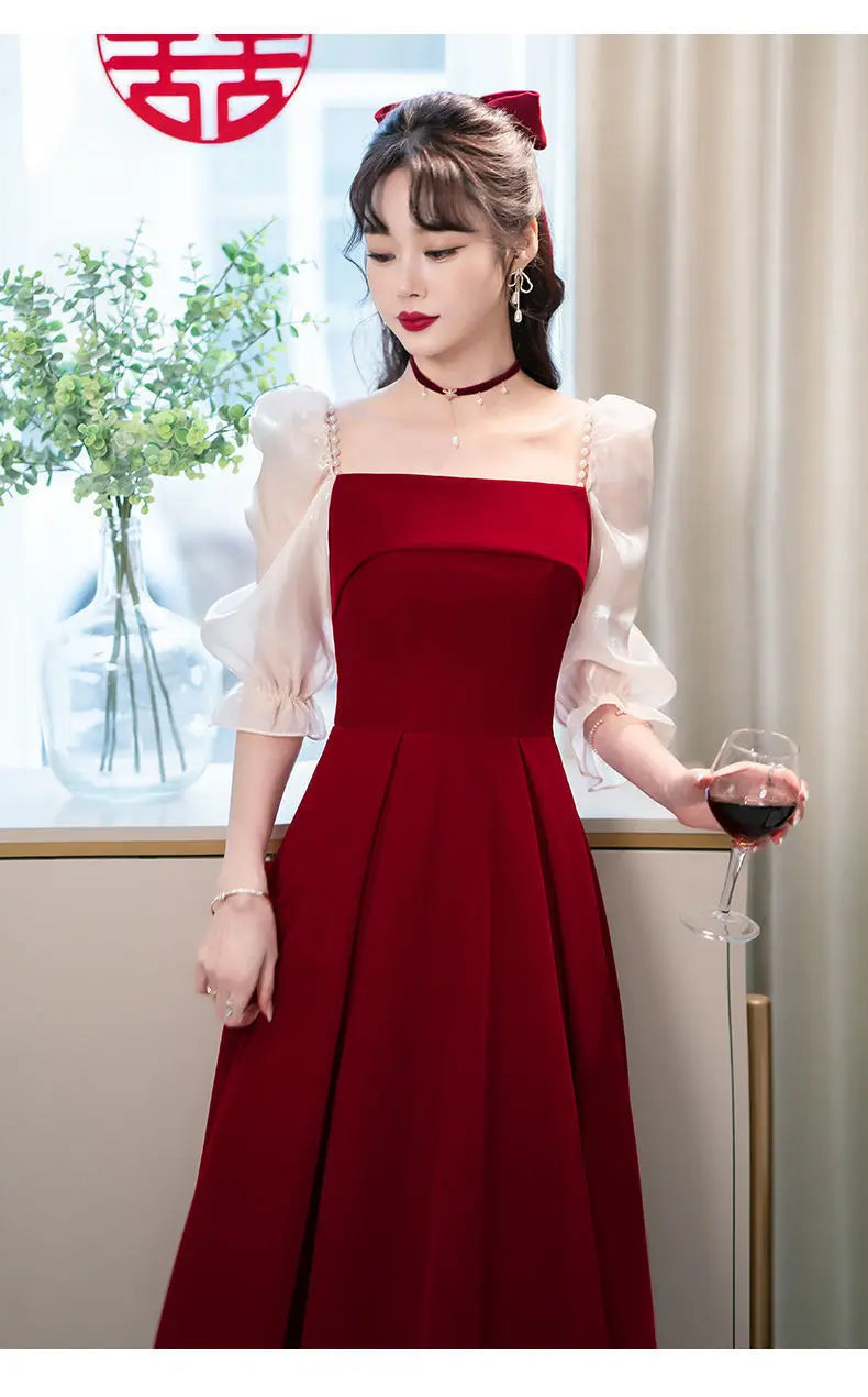 2024 Wine Red Luxury Small Dress, Summer Skirt, Toast Dress, Bride can wear engagement dress on weekdays