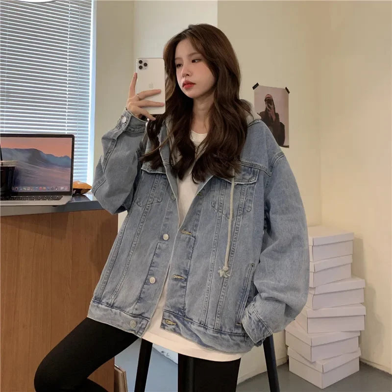 Vintage Denim Hooded Jackets Women Cost Single Breasted Pockets Loose Fit Outerwear Casual 2024 Autumn Overcoat Streetwear