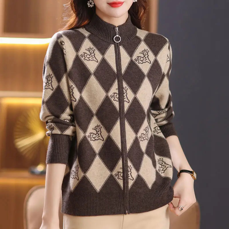 Women's Korean Vintage Plaid Sweaters Cardigan Autumn Winter Casual All-match Stand Collar Zipper Knitted Tops Female Clothing