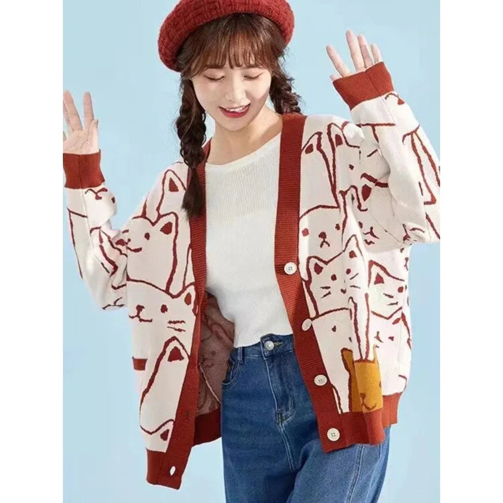 Merry Pretty Cartoon Cat knitted cardigans Jumper Autumn Winter Womens Harajuku Sweater coat O-Neck Long Sleeve cardigan 2024