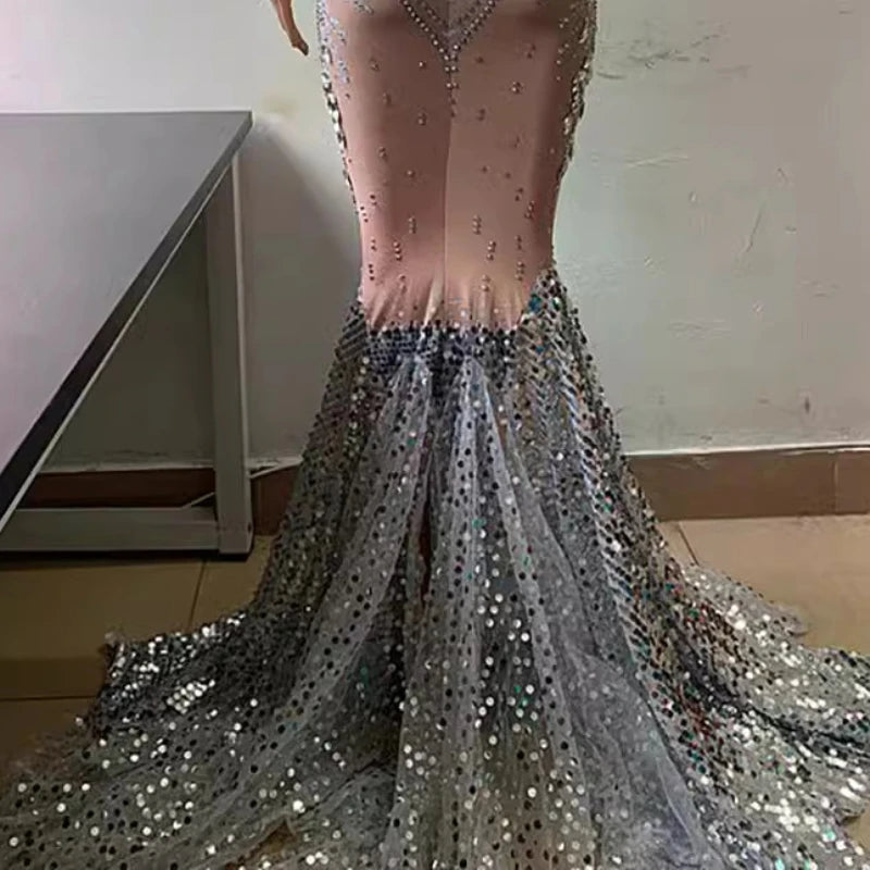 2025 Popular Bright Crystal Sequins Elegant Fishnet Dress, Off-the-shoulder Wedding Dress Women Dresses for Party and Wedding