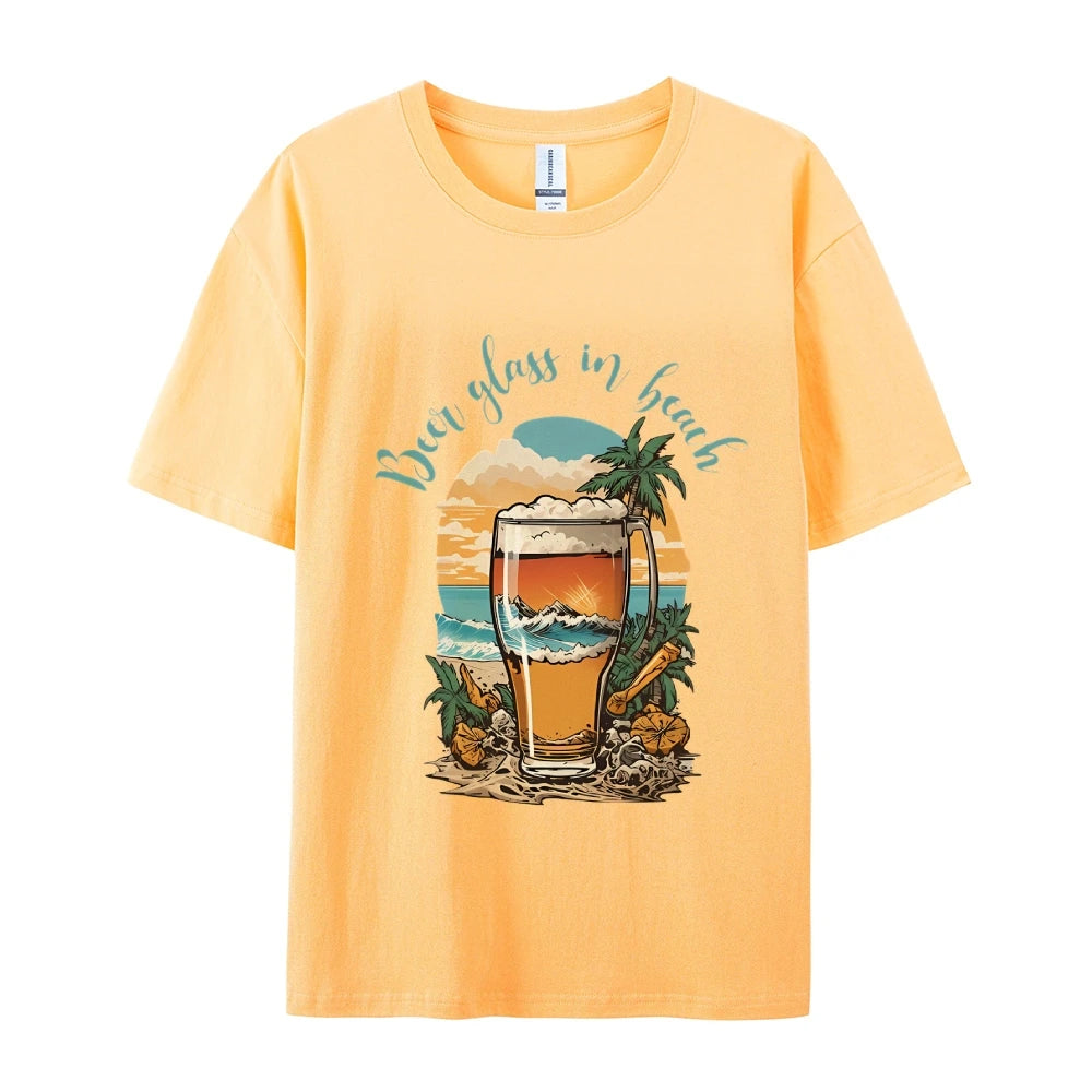 Beer Glass In Beach Women’s Graphic Tee Summer Vacation T-Shirt Beers Lover Shirt Oktoberfest Tshirts Women’s Clothes Top Tees