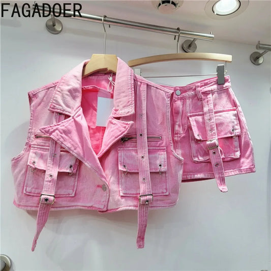 FAGADOER Pink Retro Denim 2 Piece Sets Outfit Women Cargo Big Pockets Jacket + Mini Skirt Matching Set Y2k Clothing Streetwear