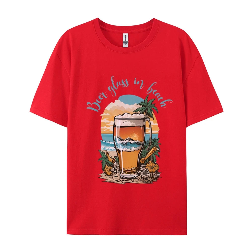 Beer Glass In Beach Women’s Graphic Tee Summer Vacation T-Shirt Beers Lover Shirt Oktoberfest Tshirts Women’s Clothes Top Tees