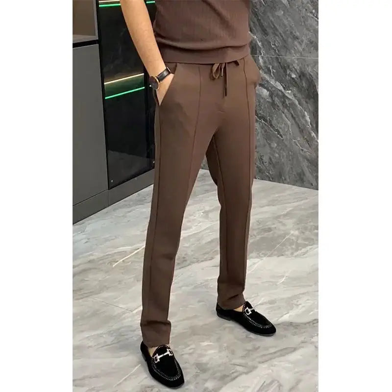 Simplicity Trend Spring Autumn Suit Pants Men Solid Pockets Zipper Smart Casual Office Social Slim Bound Feet Straight Trousers