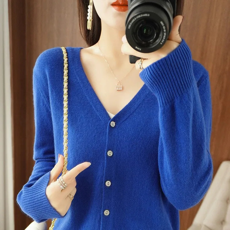 JIAYAN 2025 Spring New Cardigans Women's Clothing Korean Version Tops Solid Color Fashion V-neck Knitted Sweater