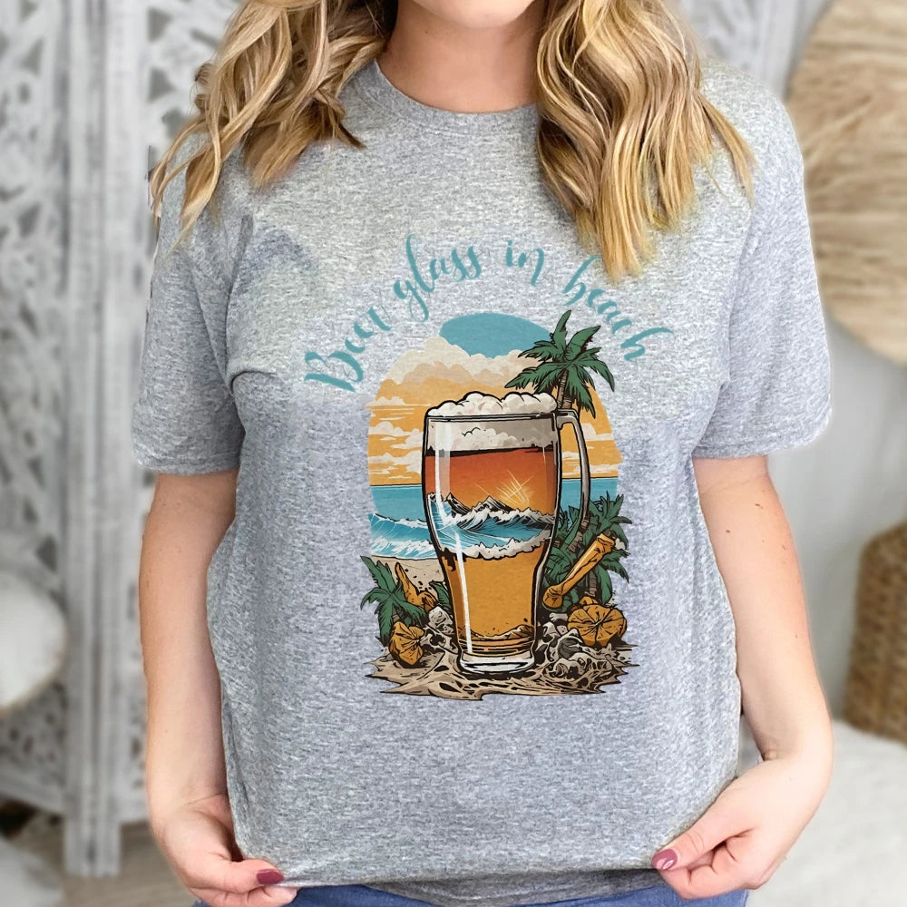 Beer Glass In Beach Women’s Graphic Tee Summer Vacation T-Shirt Beers Lover Shirt Oktoberfest Tshirts Women’s Clothes Top Tees