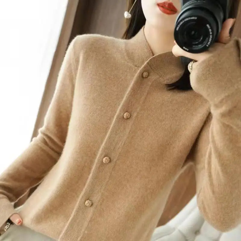 New Retro Chinese Style Stand Up Collar Cardigan Loose Sweater Fashionable Knitted Jacket Trendy Top