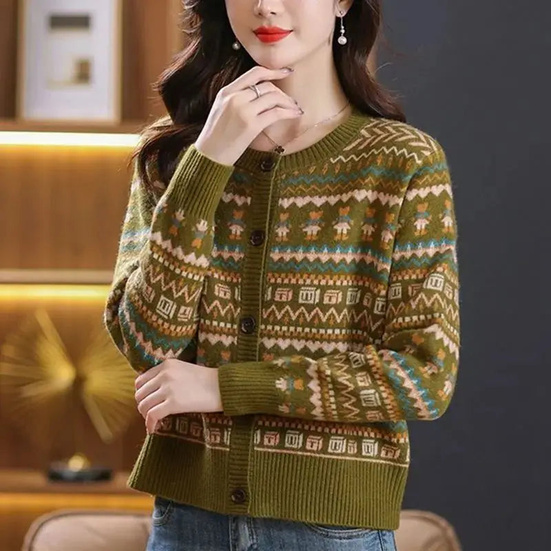 Women Vintage Stylish Jacquard Elegant Single Breasted Cardigan Korean Casual O Neck Long Sleeve Loose Chic Knitted Sweater Coat