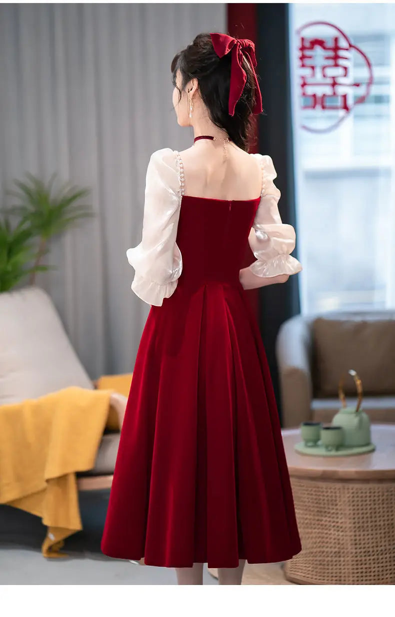 2024 Wine Red Luxury Small Dress, Summer Skirt, Toast Dress, Bride can wear engagement dress on weekdays