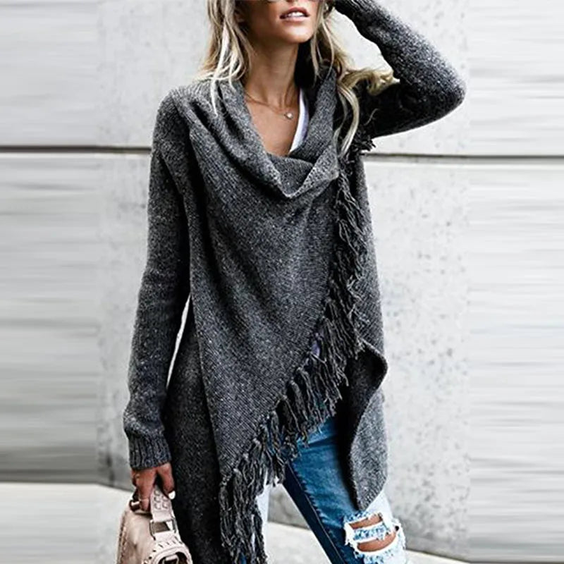 Women's Warm Knitted Sweater, Winter Cardigan Long Sleeve Tassel Fringe Shawl Poncho Oversized Cardigan