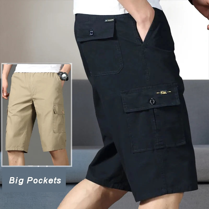 Mens Cotton Cargo Shorts Below Knee Lenth Summer Elastic Waist Sweatpants Hiking Running Bermuda Shorts Gym Below Knee Shorts