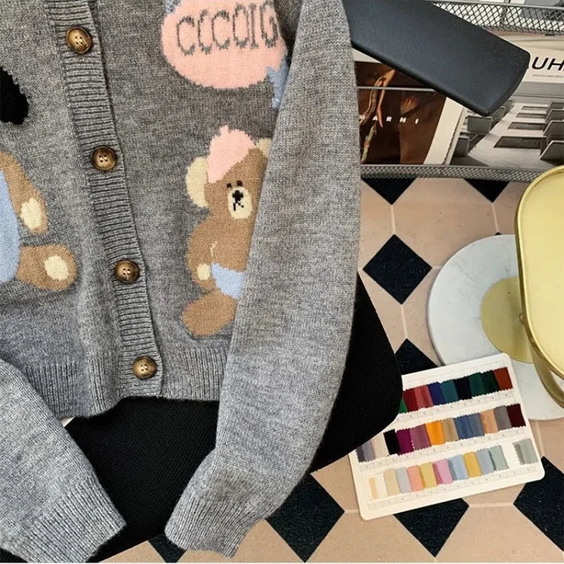 Korean Fashion Autumn Sweaters Coats Women O-Neck Cartoon Little Bear Button Sweet Chic Long Sleeve Loose Cardigan Knitted Tops