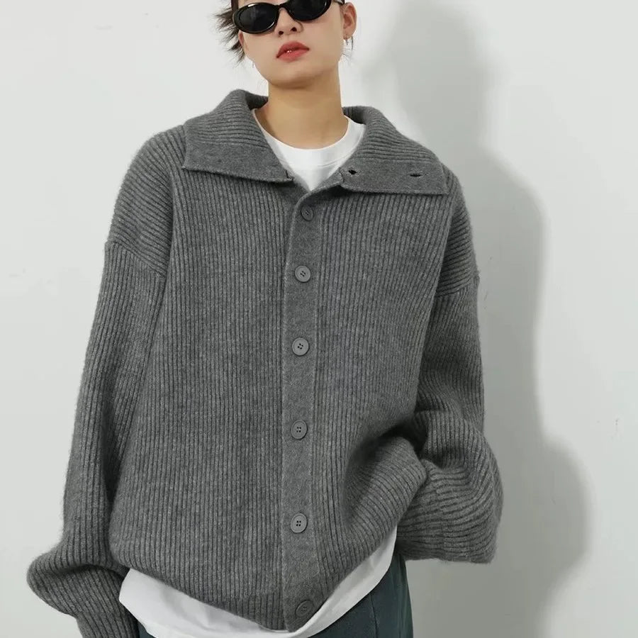 Y2k Gray Kintted Cardigan Women Long Jacket Autumn Winter Black Crochet Loose Long Sleeve Sweater Warm Jumper Causal Cardigans