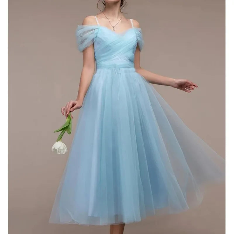 Women's Romantic Off Shoulder Ceremony Dresses Elegant Long Party Wedding Cocktail Bridesmaid Mesh Tulle Midi Wrap Gala Dress