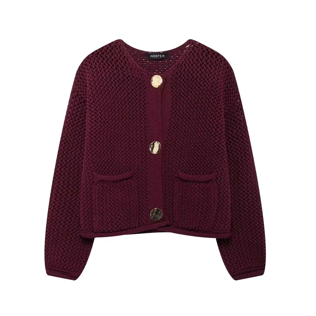 TRAFZA Women Vintage Wine Red Sweater Cardigan Female Metal Buttons Long Sleeve Coat With Pockets Fashion High Street Knitwear