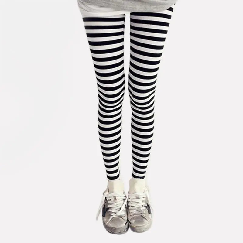 Women Ankle Length Skinny Leggings Black White Horizontal Striped Pants High Quality and Brand New