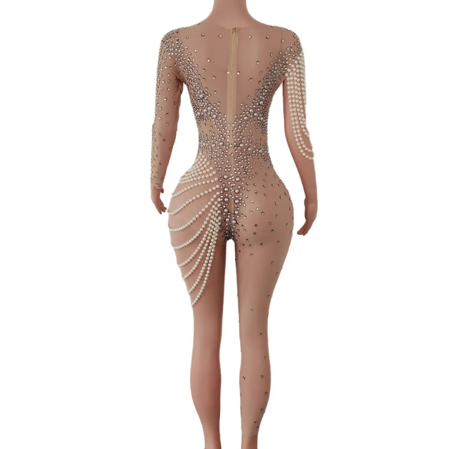 Party Rhinestones Fashion Acrobatics Costumes Pearls Nightclub Pole Dance Clothing Elastics Women Jumpsuit Nude Stretch Jumpsuit